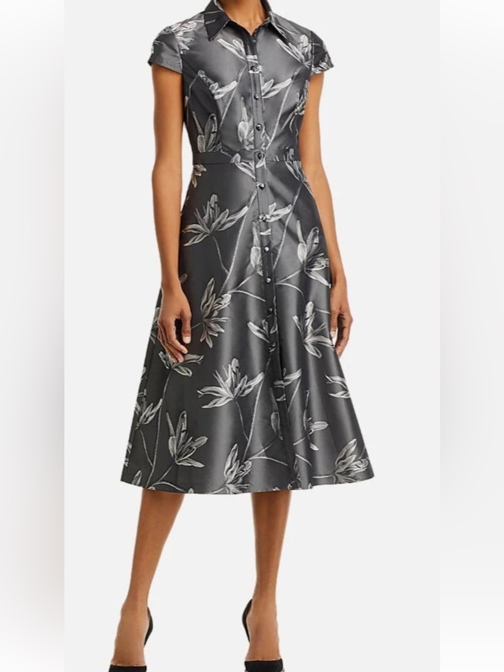 NWT Aidan Mattox Floral Jacquard Midi Dress Gray Silver Fit & Flare Size 8